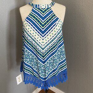 JW Style Blouse Size Small Sleeveless Lightweight White Blue Lace Summer Top